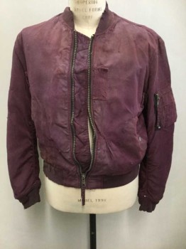 ALL SAINTS, Red Burgundy, Polyester, Aged And Dirty, Zip Front, Ribbed Collar, Cuffs + Waist, Zip Pockets On Sleeves