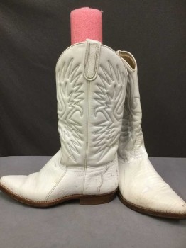 Womens, Cowboy Boots, SANCHO, White, Geometric, Reptile/Snakeskin, 6.5, Low Stack Heel, Pointy, Decorative Stitching, Mid Calf High