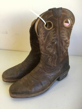 Mens, Cowboy Boots , ARIAT, Brown, Cream, Orange, Leather, Solid, 11, Orange and Cream Feather Embroidery, Perforated Leather Detail, Squared of Toe, 2 Holes All Side for Pulling On