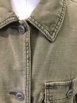 ANTHROPOLOGIE, Moss Green, Cotton, Solid, Streaked Texture, Button Front, Collar Attached, 3 Outside Pockets, Self Pleated Ruffle Trim on Pockets, Back Yoke, 1 Inside Pocket, No Lining