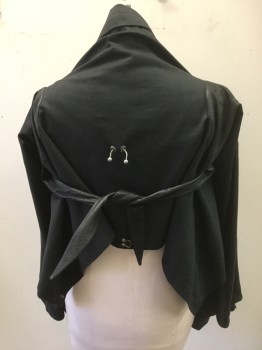Womens, Sci-Fi/Fantasy Jacket, GRAI, Black, Cotton, Leather, Solid, S, Ribbed Cotton Body, with Leather Long Sleeves, Shawl Lapel, Cropped Length, No Closures, Very Boxy/Wide Fit, Self Attached Leather Ties at Back Near Armpits, Silver Bull Ring with Grommets at Center Back Shoulders, High End/Designer