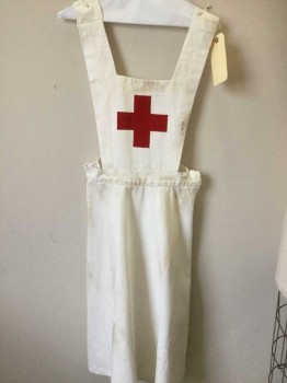 Womens, Apron 1890s-1910s, MTO, Cream, Red, Cotton, Solid, 28 W, Bib Style, Criss Cross Straps That Button at Waist, Side Zip Skirt, Red Cross on Front