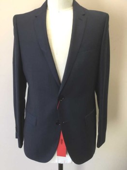 HUGO BOSS, Navy Blue, Wool, Polyester, Stripes - Micro, Self Microcheck Texture, Single Breasted, Notched Lapel, 2 Buttons, 3 Pockets, Slim Fit