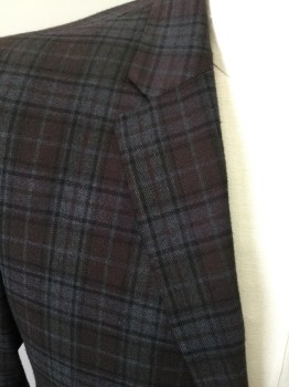 BEN SHERMAN, Gray, Red Burgundy, Black, Polyester, Viscose, Plaid, Single Breasted, Collar Attached, Notched Lapel, 3 Pockets, 2 Buttons