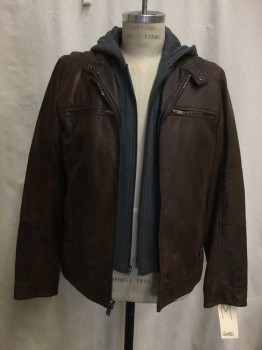 GUESS, Brown, Heather Gray, Cotton, Synthetic, Solid, Brown Faux Leather Lined with Heather Gray Hoodie, 4 Zip Pockets