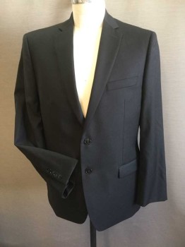 CALVIN KLEIN, Black, Wool, Solid, 2 Buttons,  Single Breasted, 1 Welt Pocket, 2 Pockets with Flaps. 2 Vent Slits at Back