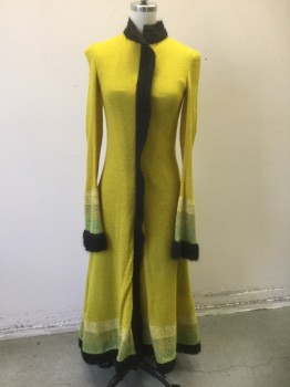 Womens, Sci-Fi/Fantasy Coat/Robe, MTO, Chartreuse Green, Black, Green, Wool, Solid, B:31, XXS, Knit Duster/Coat, Chartreuse Body with Black Mock Neck, Button Placket Down Center Front, and Accents at Cuffs/Hem, X-Long Sleeves with Flared Ends, Specked Green Detail at Cuffs and Hem, Mint Green Twill Lining, Floor Length, Made To Order, Sci-fi,