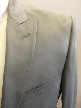 JOHN VARVATOS, Putty/Khaki Gray, Cotton, Polyester, Solid, Single Breasted, 2 Buttons,  Peaked Lapel, 3 Pockets,