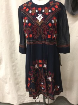 FRENCH CONNECTION, Navy Blue, Brown, Red, Red Burgundy, White, Viscose, Polyester, Floral, Round Neck,  3/4 Sleeve, Embroidered Floral, Pleated Skirt, Back Zip