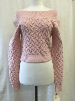 & OTHER STORIES, Lt Pink, Wool, Synthetic, Solid, Textured Knit, Off the Shoulder, Ribbed Trim