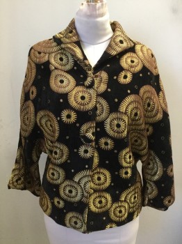 ELAINE COLLECTION, Black, Gold, Brown, Viscose, Rayon, Novelty Pattern, Black Velvet with Gold Circle Sunbursts, Button Front,  Pointed Shawl Collar, Dolman 3/4 Sleeve