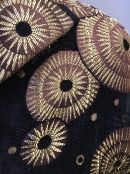 ELAINE COLLECTION, Black, Gold, Brown, Viscose, Rayon, Novelty Pattern, Black Velvet with Gold Circle Sunbursts, Button Front,  Pointed Shawl Collar, Dolman 3/4 Sleeve