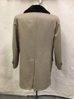 Mens, Coat, JC PENNEY, Khaki Brown, Dk Brown, Polyester, Synthetic, Solid, 44L, Winter Coat. Khaki Poly Gabardine, with Dark Brown Faux Fur Collar & Lining, 3 Button Single Breasted, , 2 Large Patch Pockets with Flaps, Slit Center Back,