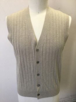 CLUB ROOM, Taupe, Wool, Solid, Vertically Ribbed Knit, V-neck, Button Front