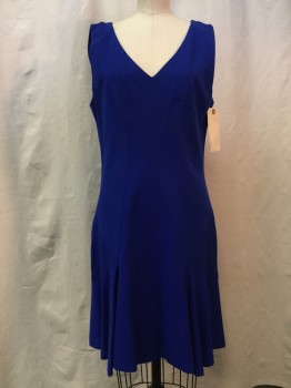 DVF, Royal Blue, Synthetic, Solid, Stripes, Jersey, V-neck, Shadow Stripe Detail, Sleeveless, Flare Bottom