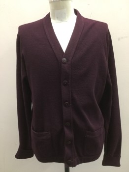 RALPH LAUREN, Aubergine Purple, Cotton, Solid, 2 Patch Pockets, V-neck, Cardigan