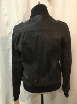 LE CHATEAU, Dk Brown, Faux Leather, Solid, Zip Front, Rib Knit Collar/Cuff/Waistband, Zip Front, 6 Pockets 2 are Flap Cargo, Epaulets,
