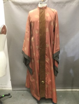 Mens, Robe, MTO, Clay Orange, Gold, Dk Gray, Silk, Metallic/Metal, Polka Dots, 42/44, Taffeta, Stand Collar, Gold Woven Polka Dots,  Brown Suede Center Front, Long Sleeves, About 70" From Neck to Hem, One Large Gold Spinner Rim Button at Front Base