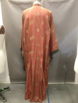Mens, Robe, MTO, Clay Orange, Gold, Dk Gray, Silk, Metallic/Metal, Polka Dots, 42/44, Taffeta, Stand Collar, Gold Woven Polka Dots,  Brown Suede Center Front, Long Sleeves, About 70" From Neck to Hem, One Large Gold Spinner Rim Button at Front Base