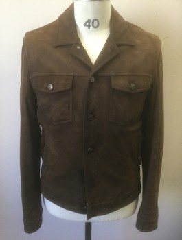 ERMENEGILDO ZEGNA, Brown, Leather, Solid, Soft Calf-Skin Leather, Button Front, Collar Attached, 2 Patch Pockets with Button Flaps, Upscale / High End Designer