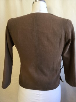 Unisex, Sci-Fi/Fantasy Jacket, N/L (MTO), Brown, Lt Brown, Cotton, Polyester, Solid, S, Brown with Shinny Brown Lining, V-neck, Wraparound with Ties, 3/4 Sleeves