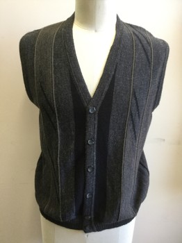 CELLINNI, Gray, Black, Olive Green, Acrylic, Wool, Stripes, Button Front, Gray with Black Stripes Near Placket, and Black Diagonal Stripes Amidst Olive Stripes, Ribbed Knit Placket/Armholes/Waistband