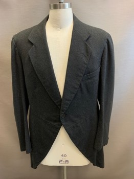 Mens, Tailcoat 1890s-1910s, SIMON LONG'S SONS, Charcoal Gray, Wool, Solid, 40R, Morning Coat, 1 Button, 1 Pocket, Fiddle Back