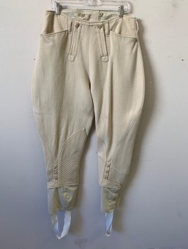 Mens, Jodhpurs/Equestrian Pants, N/L, Ecru, Wool, Solid, W:34, Ribbed Wool, Fall Front, 4 Pockets with Slanted Front Pockets, Belt Loops, 6 Buttons at Leg Openings, Stirrups