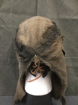 Unisex, Sci-Fi/Fantasy Mask, MTO, Brown, Cotton, O/S, Cotton Burlap, Patchwork, Wrapped Foam Mount, Dark Brown Large Stitching Between Patches, Raw Edges, Cutout Eyes with Trim, Ear Slits, Leather Lace Up Back, Sand Dweller