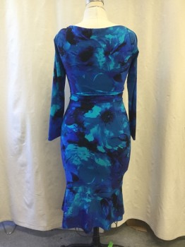 CHIARA BONI, Blue, Ice Blue, Teal Green, Black, Polyamide, Elastane, Floral, Abstract , Abstract Floral Watercolor Print, Surplice Top, Long Sleeves, Wrap Skirt with Ruffle, Self Front Attached Belt with Florette