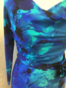CHIARA BONI, Blue, Ice Blue, Teal Green, Black, Polyamide, Elastane, Floral, Abstract , Abstract Floral Watercolor Print, Surplice Top, Long Sleeves, Wrap Skirt with Ruffle, Self Front Attached Belt with Florette