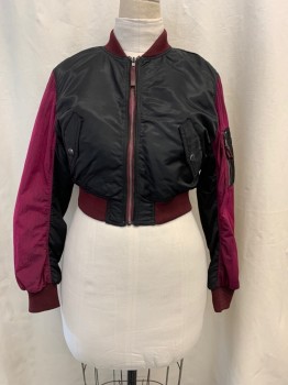 N/L, Black, Cranberry Red, Polyester, Color Blocking, Cropped Bomber, Rib Knit Collar/cuffs/Waistband, Zip Front, Fits All Sizes, Multiples