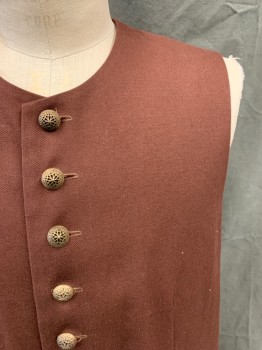 Mens, Historical Fict Suit Piece 3, MTO, Dk Brown, Cotton, Solid, 42, Ornate Brass Button Front, Round Neck, 2 Button Flap Pockets, Side Seam and Center Back Slits