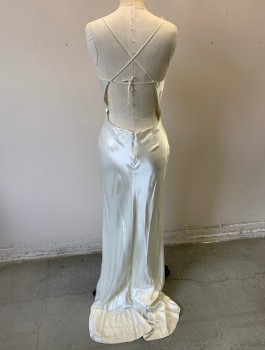 A.B.S BRIDAL, White, Viscose, Acetate, Solid, Satin, Thin Spaghetti Straps That Cross at Shoulders, Plunging/Low Back, Empire Waist, Slim Fit, Bias Cut, Floor Length, Invisible Zipper at Back Waist