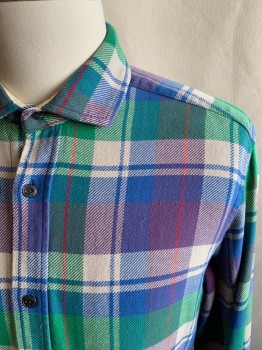 Mens, Casual Shirt, SCOTCH & SODA, Periwinkle Blue, Blue, Dove Gray, Green, Red, Cotton, Plaid, S, Button Front, Collar Attached, Long Sleeves, Button Cuff, (Label Says L, But Has Been Altered to Fit a Small)