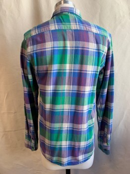 Mens, Casual Shirt, SCOTCH & SODA, Periwinkle Blue, Blue, Dove Gray, Green, Red, Cotton, Plaid, S, Button Front, Collar Attached, Long Sleeves, Button Cuff, (Label Says L, But Has Been Altered to Fit a Small)