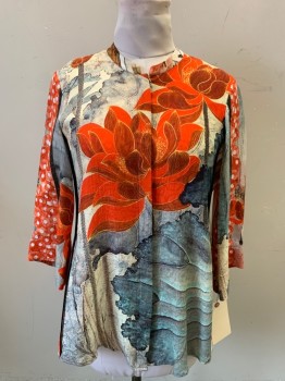 Womens, Blouse, CITRON, Red, Red Burgundy, Gray, Black, White, Silk, Cotton, Floral, Asian Inspired Theme, M, Button Front, Long Sleeves, Mandarin/Nehru Collar,