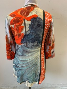 Womens, Blouse, CITRON, Red, Red Burgundy, Gray, Black, White, Silk, Cotton, Floral, Asian Inspired Theme, M, Button Front, Long Sleeves, Mandarin/Nehru Collar,