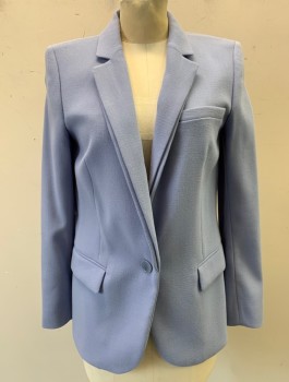 ESCADA, Periwinkle Blue, Wool, Elastane, Solid, Blazer, Single Breasted, Notched Lapel with Extra Layer, 1 Button, 3 Pockets, Padded Shoulders