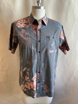 EZEKIEL, Faded Black, Faded Red, Blue, Green, Cotton, Floral, Button Front, Collar Attached, Short Sleeves, 1 Pocket