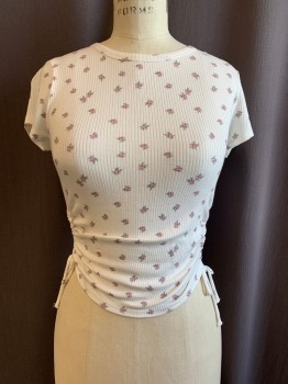 SKY & SPARROW, White, Pink, Green, Rayon, Spandex, Floral, Round Neck, Short Sleeves, Rib Knit,  Ruching with Ties at Sides