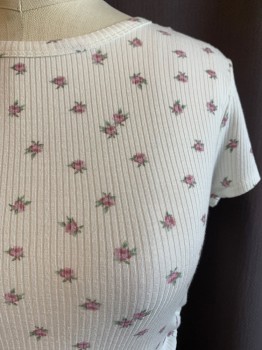 SKY & SPARROW, White, Pink, Green, Rayon, Spandex, Floral, Round Neck, Short Sleeves, Rib Knit,  Ruching with Ties at Sides