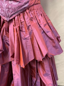 Womens, Historical Fiction Dress, MTO, Mauve Pink, Silk, Solid, Sharkskin Weave, W 25, B 36, Bodice and Skirt Attached, Dusty Purple Lace Embroidery, Dusty Purple Applique Tacked On, Silver Braided Trim, Cap Sleeve, Silver Metallice Mesh Ruffle Sleeve Trim, Hook & Eye Back, Cartridge Pleat Skirt, Snap Back, Scallopped Tiers with Raw Hem
