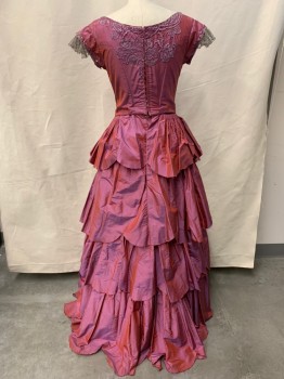 Womens, Historical Fiction Dress, MTO, Mauve Pink, Silk, Solid, Sharkskin Weave, W 25, B 36, Bodice and Skirt Attached, Dusty Purple Lace Embroidery, Dusty Purple Applique Tacked On, Silver Braided Trim, Cap Sleeve, Silver Metallice Mesh Ruffle Sleeve Trim, Hook & Eye Back, Cartridge Pleat Skirt, Snap Back, Scallopped Tiers with Raw Hem