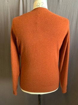 Mens, Pullover Sweater, JOS. A BANK, Dk Orange, Cashmere, Heathered, L, Ribbed Knit V-neck, Long Sleeves, Ribbed Knit Waistband/Cuff
