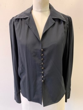 NILI LOTAN, Black, Silk, Solid, Long Puffy Sleeves, Black & Gold Buttons, Camp Collar, V-Neck, Fitted