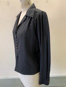 NILI LOTAN, Black, Silk, Solid, Long Puffy Sleeves, Black & Gold Buttons, Camp Collar, V-Neck, Fitted
