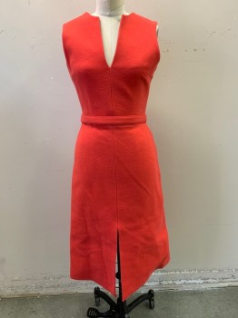 Womens, Cocktail Dress, VICTORIA BECKHAM, Red-Orange, Wool, 4, with Matching Belt, Sleeveless, V-neck, Zip Back, Hem Below Knee, Slit at Center Front