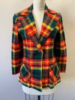 Womens, Blazer, N/L, Forest Green, Tomato Red, Yellow, Black, Wool, Plaid, B:34, 1 Gold Embossed Button, Wide Peaked Lapel, 2 Patch Pockets,