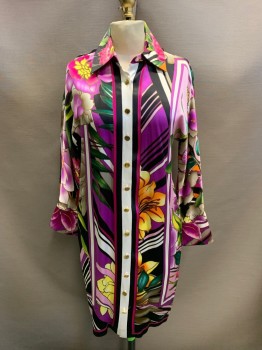 CACHE, Purple, Ivory White, Black, Fuchsia Pink, Gray, Silk, Floral, Stripes - Diagonal , Gold Button Front, Collar Attached, Bold Print, Able to Wear Cuffs Down or French Cuff